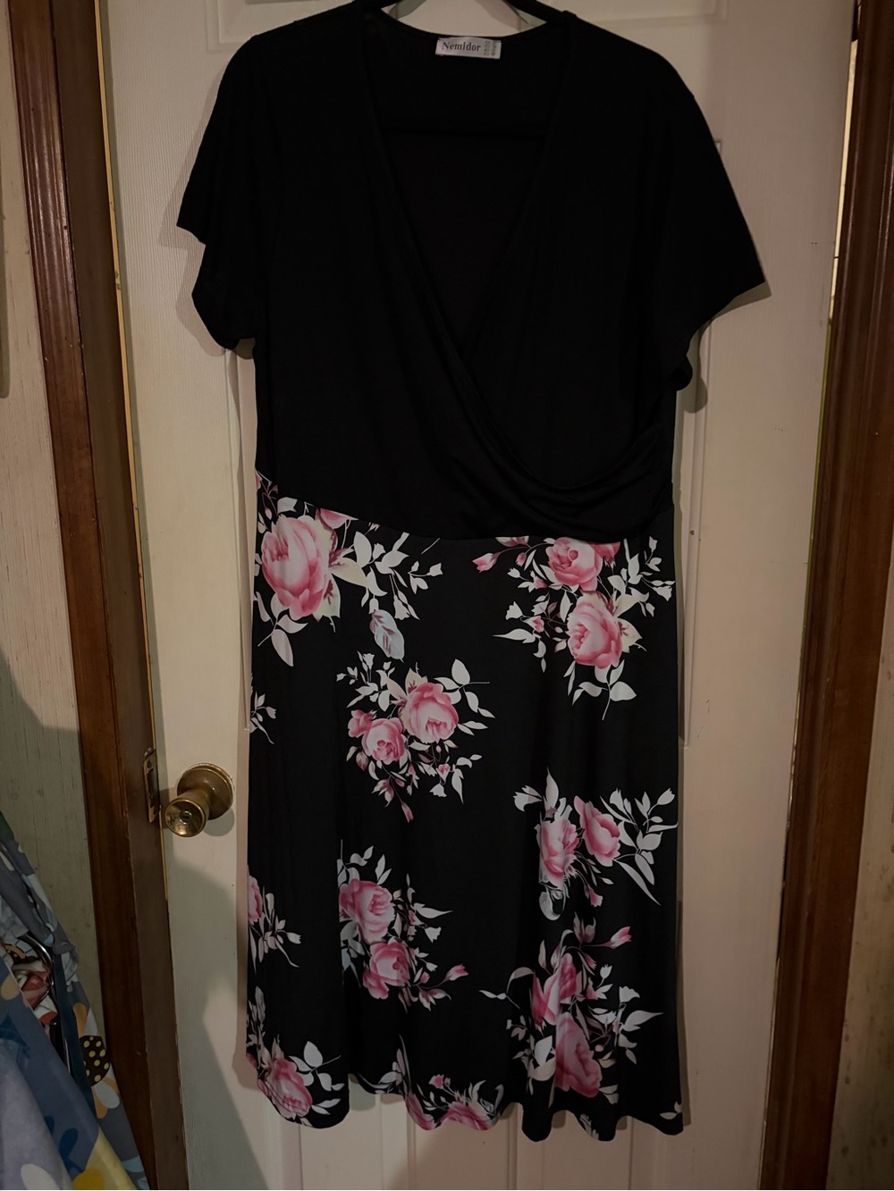Black Midi Dress with Pink Rose Floral Skirt